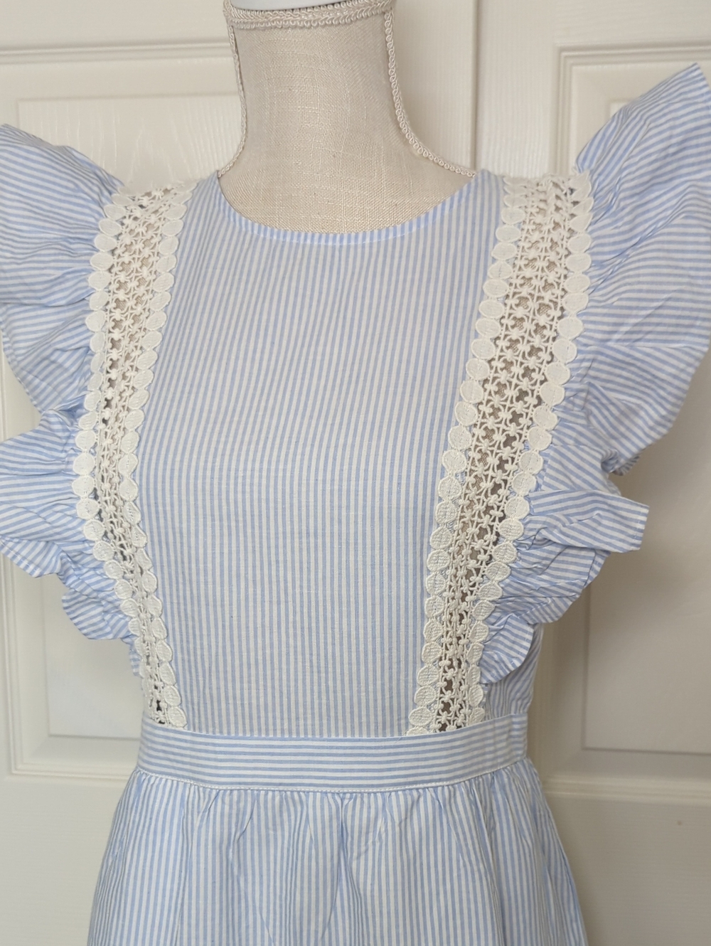 English Factory Blue Pinstripe Lace Trim Ruffle Sleeve Tiered Mini Dress - Picture 3 of 7